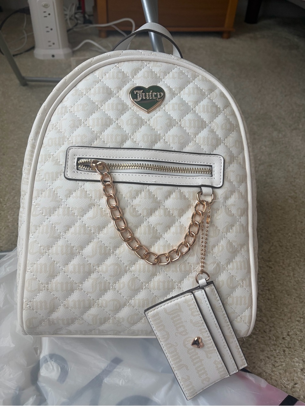 Juicy Couture Quilted White Mini Backpack with Gold Chain and Cardholder